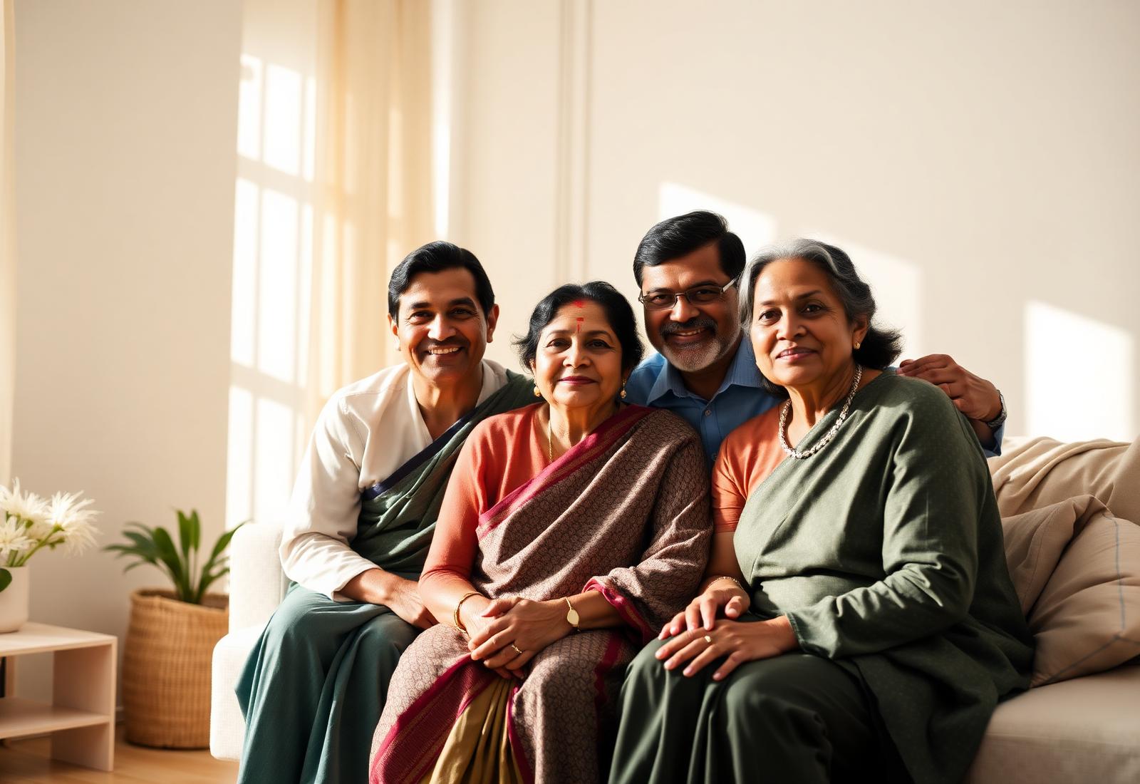 An Indian family together in a warm, sunlit living room