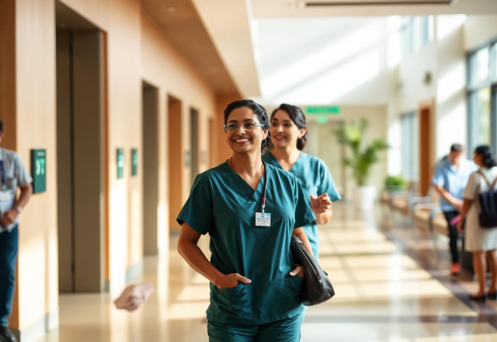 A friendly nurse in a sunlit Indian hospital lobby