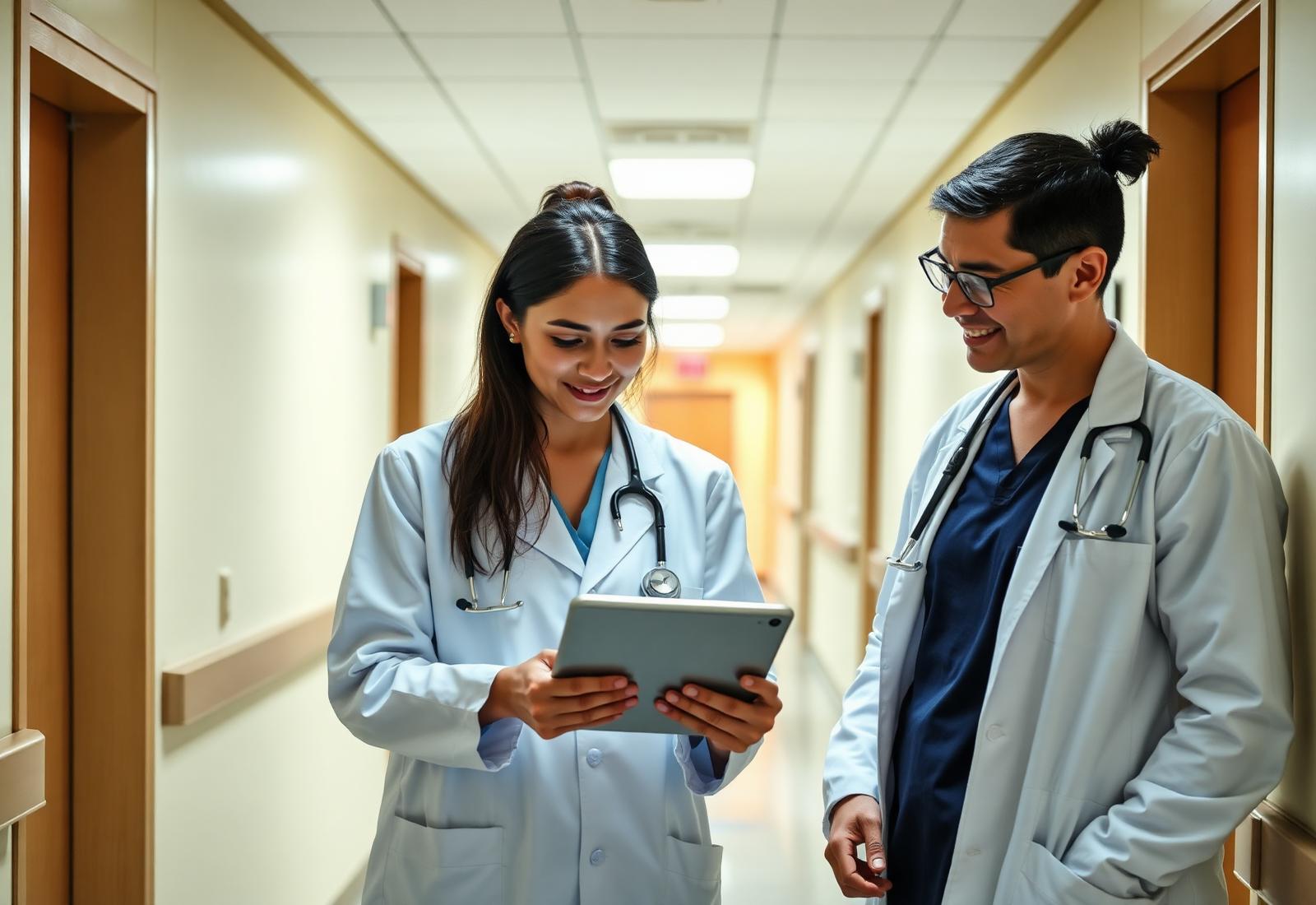 Doctors collaborating in a hospital corridor