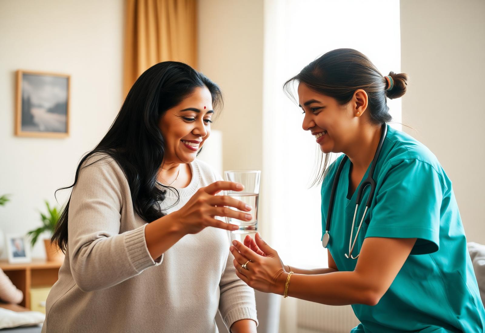 A nurse caring for an elderly patient at home